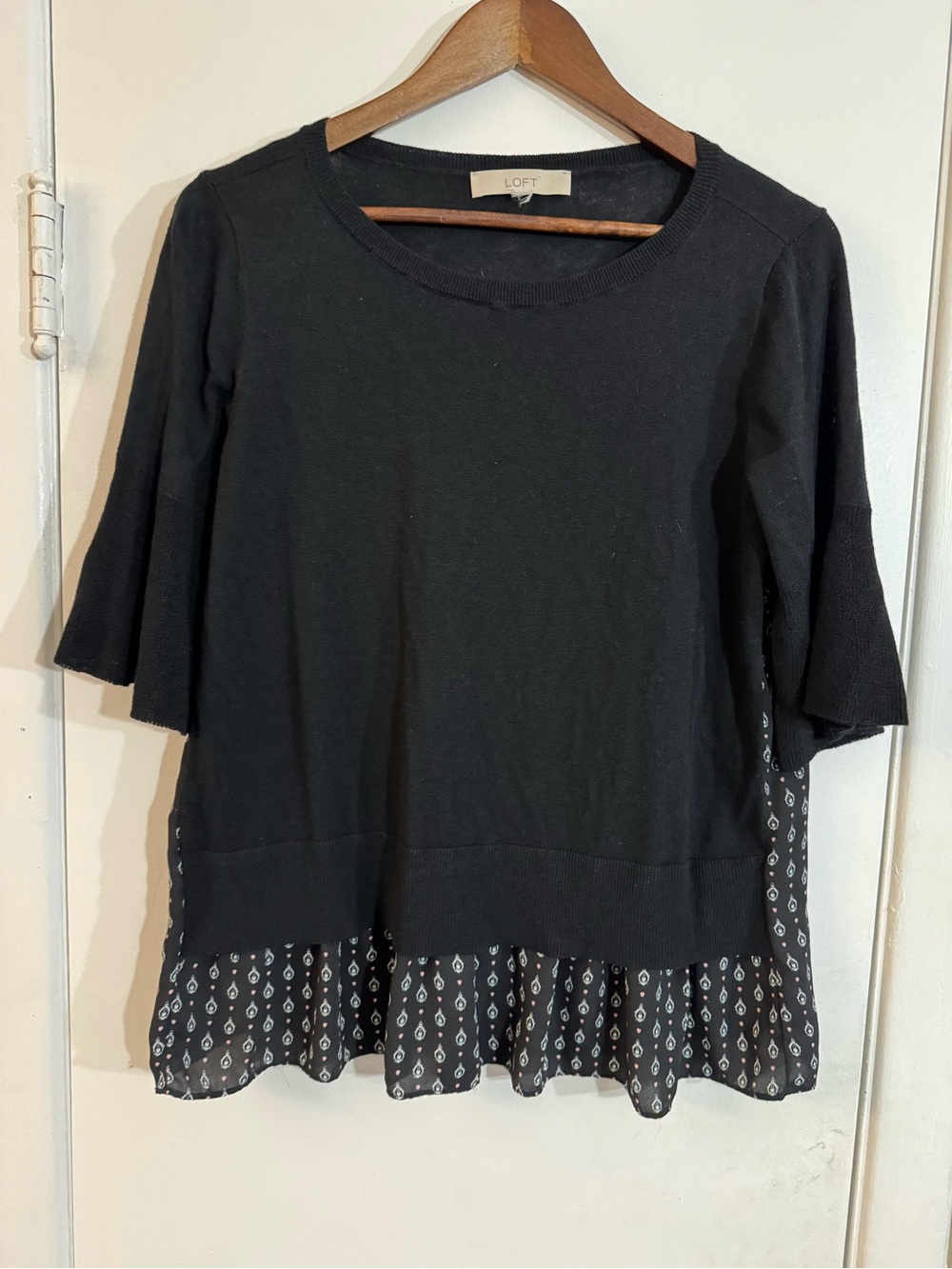 LOFT Black Mixed-Media Peplum Tunic with Printed Hem